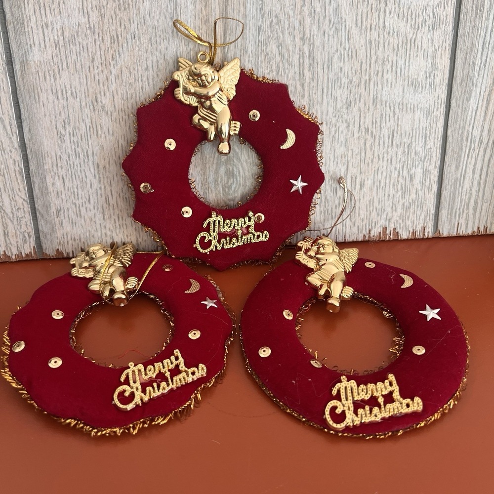 Vintage Christmas Ornament - 3 HANDMADE angel Cherub FABRIC felt WREATH 4"